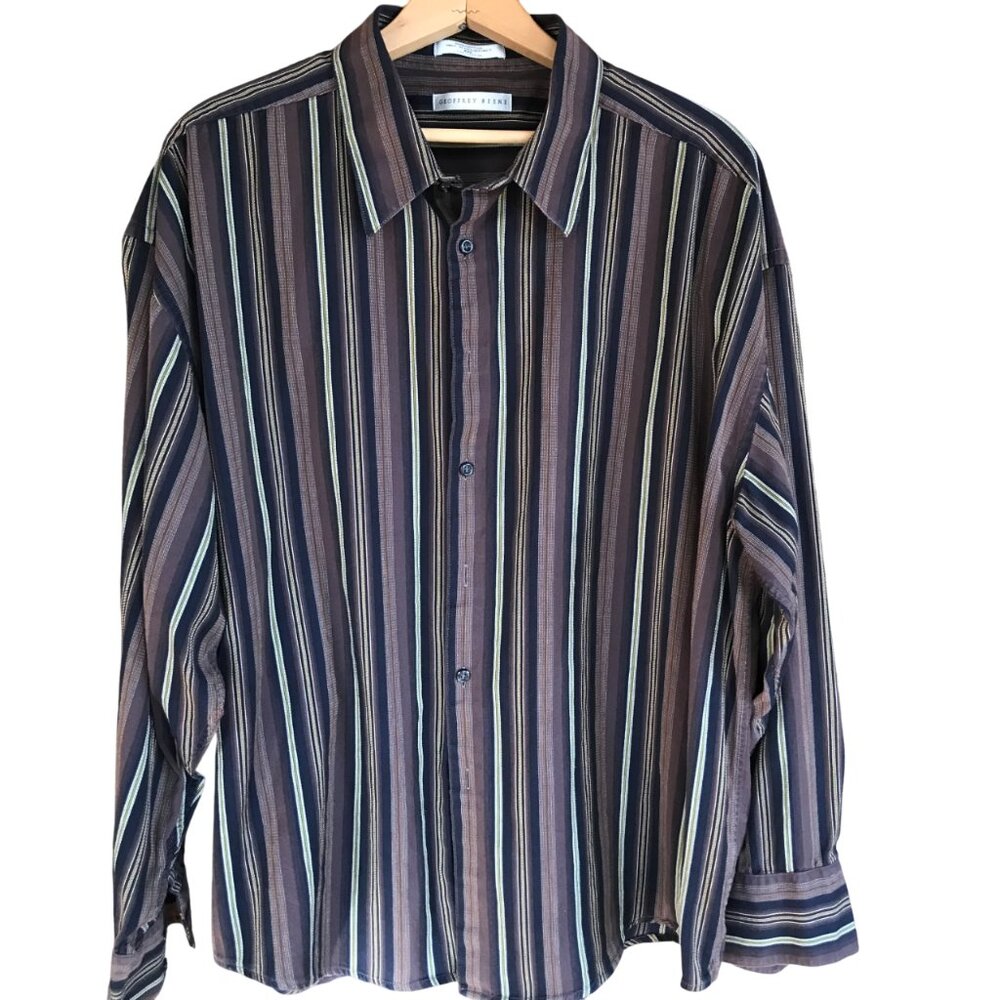 Geoffrey Beene Striped Button-Down Shirt Woven Navy Brown Gold Men’s Size XXL